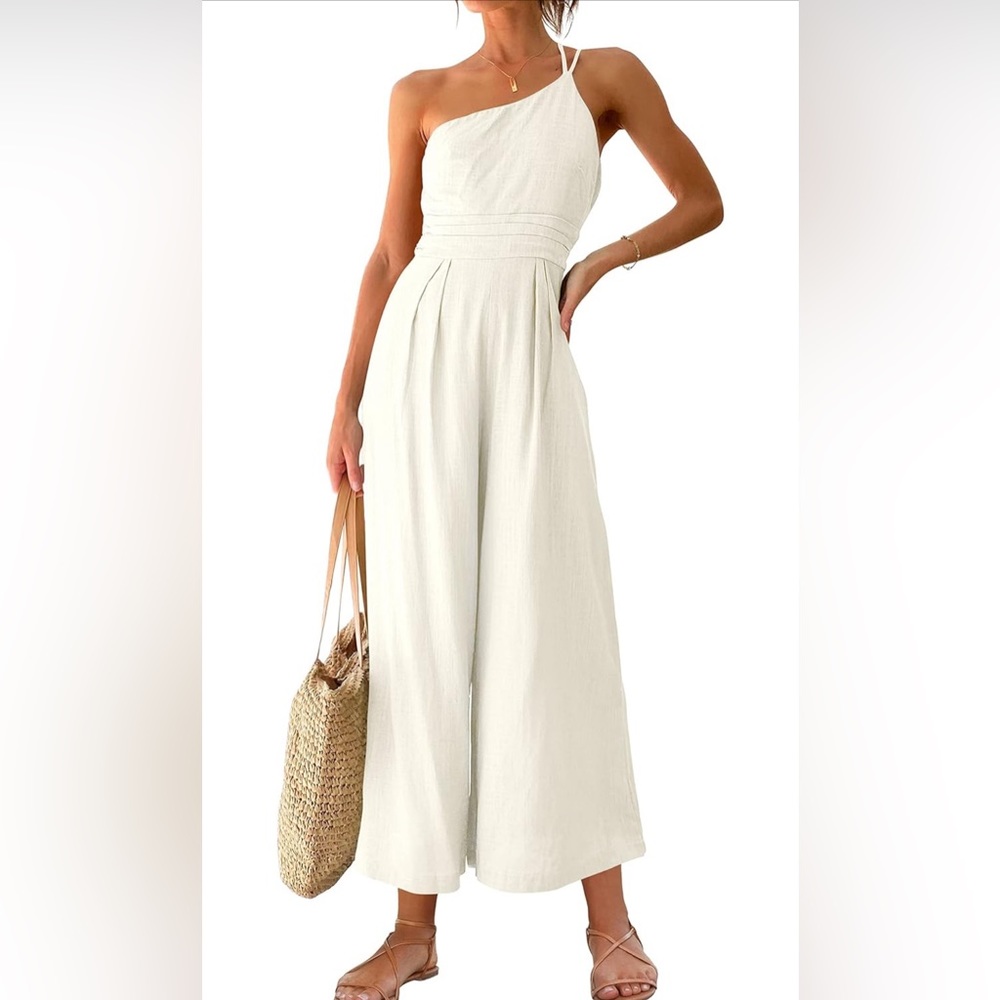 LOGENE Women's One Shoulder Wide Leg High Waist Jumpsuit Romper with Pockets.